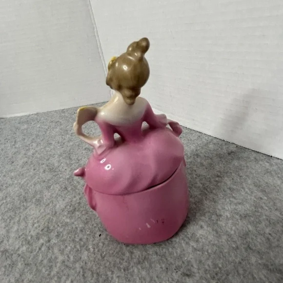 German Figural Porcelain Powder Box Erphilia Lady in Pink with Yellow Fan 3x5.5